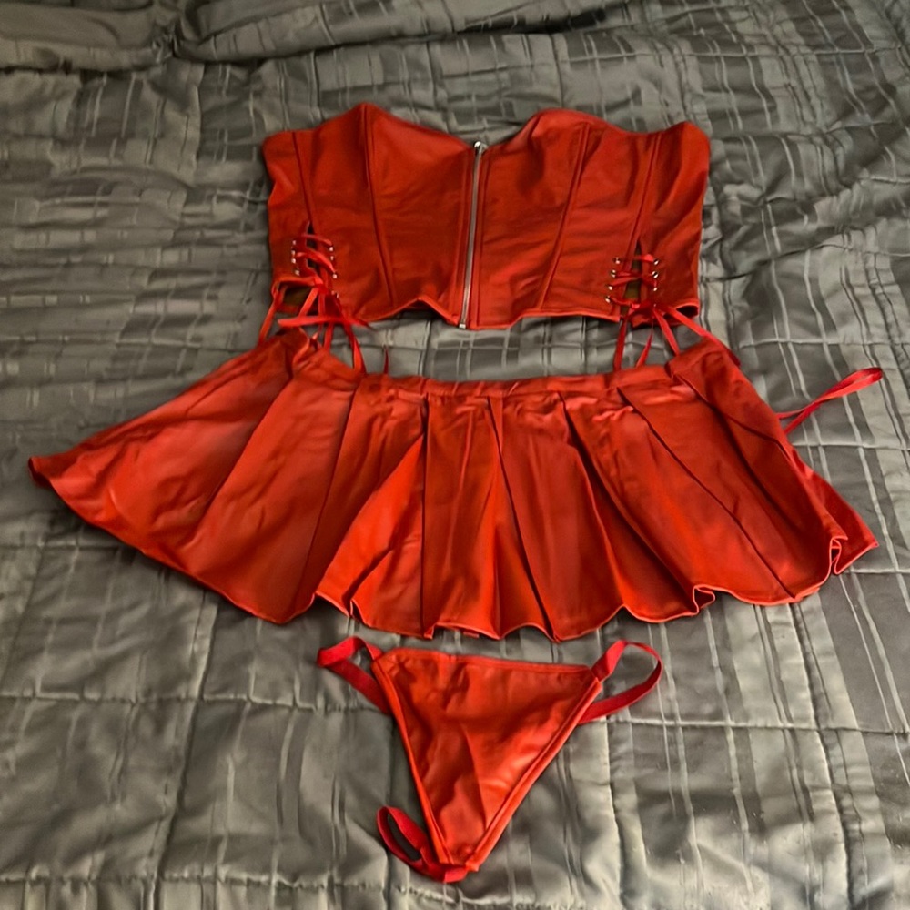 3 piece set, corset, skirt & thong panties in red faux leather